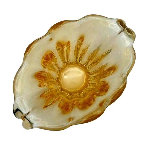 Vintage Handblown Amber Yellow Ribbed Glass Fan Vase Mid-Century Modern - Picture 2 of 6